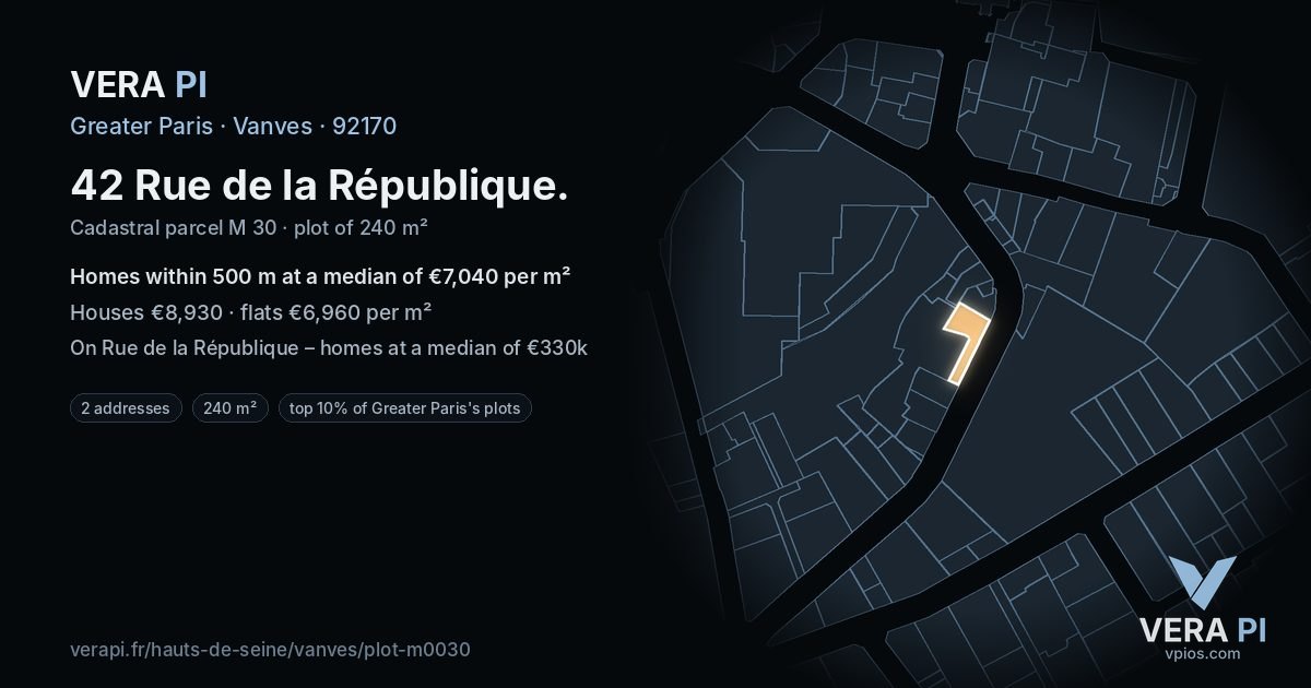 42 Rue de la République, Vanves at night – the plot lit, the parcels around coloured by the prices near them