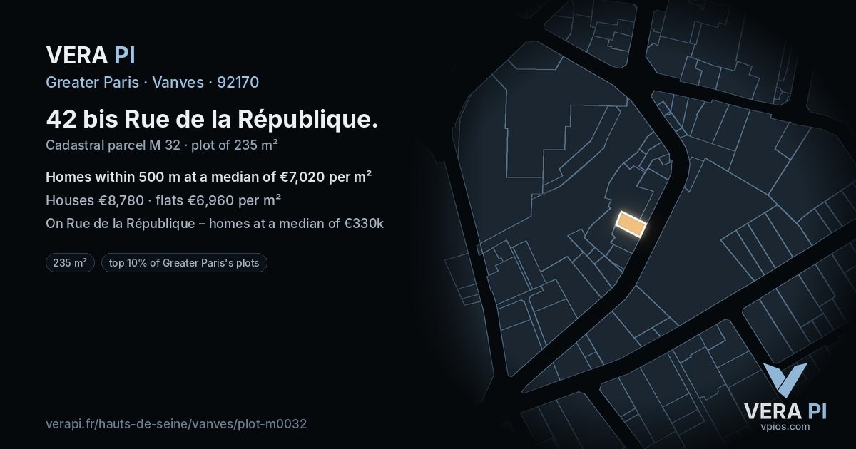 42 bis Rue de la République, Vanves at night – the plot lit, the parcels around coloured by the prices near them