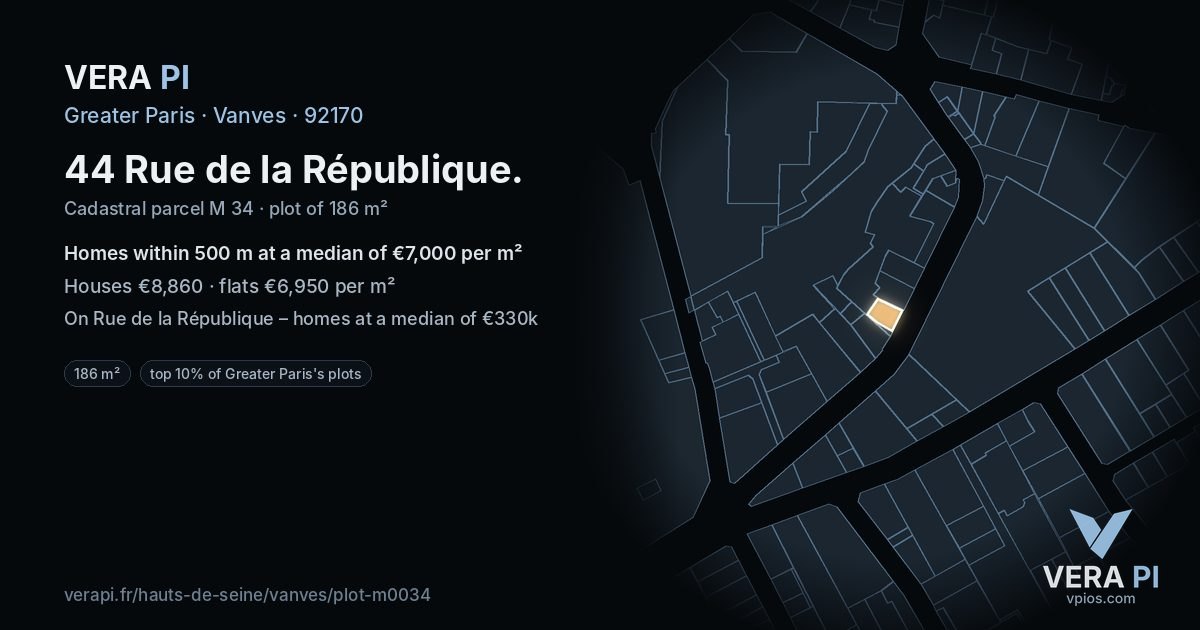44 Rue de la République, Vanves at night – the plot lit, the parcels around coloured by the prices near them