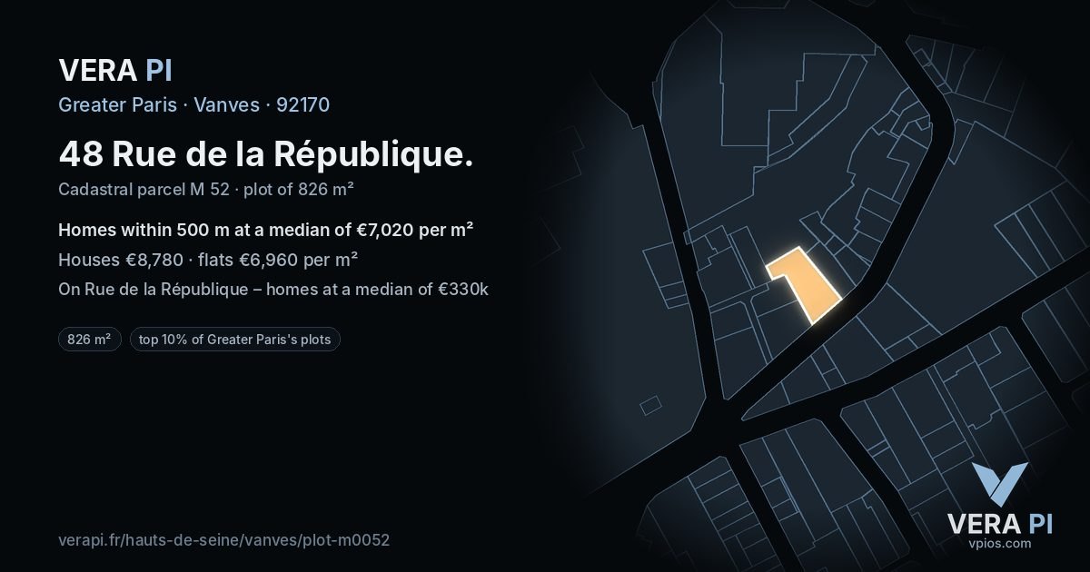 48 Rue de la République, Vanves at night – the plot lit, the parcels around coloured by the prices near them