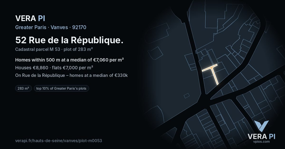 52 Rue de la République, Vanves at night – the plot lit, the parcels around coloured by the prices near them