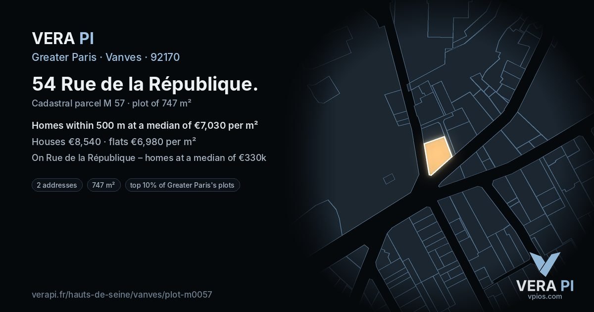 54 Rue de la République, Vanves at night – the plot lit, the parcels around coloured by the prices near them