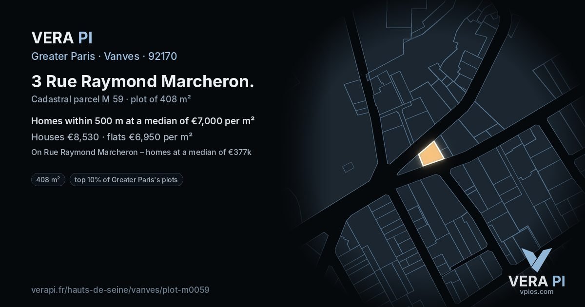 3 Rue Raymond Marcheron, Vanves at night – the plot lit, the parcels around coloured by the prices near them