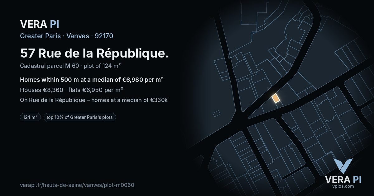 57 Rue de la République, Vanves at night – the plot lit, the parcels around coloured by the prices near them