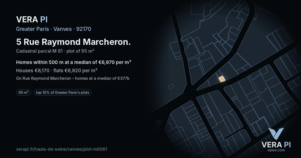 5 Rue Raymond Marcheron, Vanves at night – the plot lit, the parcels around coloured by the prices near them