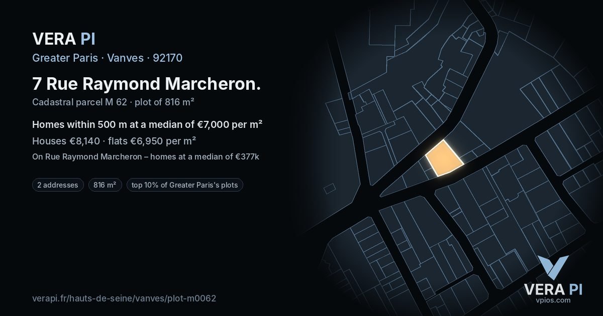 7 Rue Raymond Marcheron, Vanves at night – the plot lit, the parcels around coloured by the prices near them