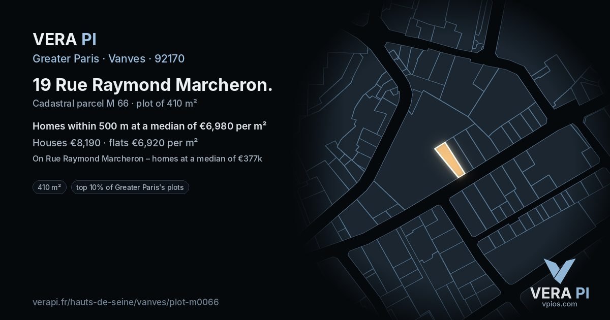 19 Rue Raymond Marcheron, Vanves at night – the plot lit, the parcels around coloured by the prices near them