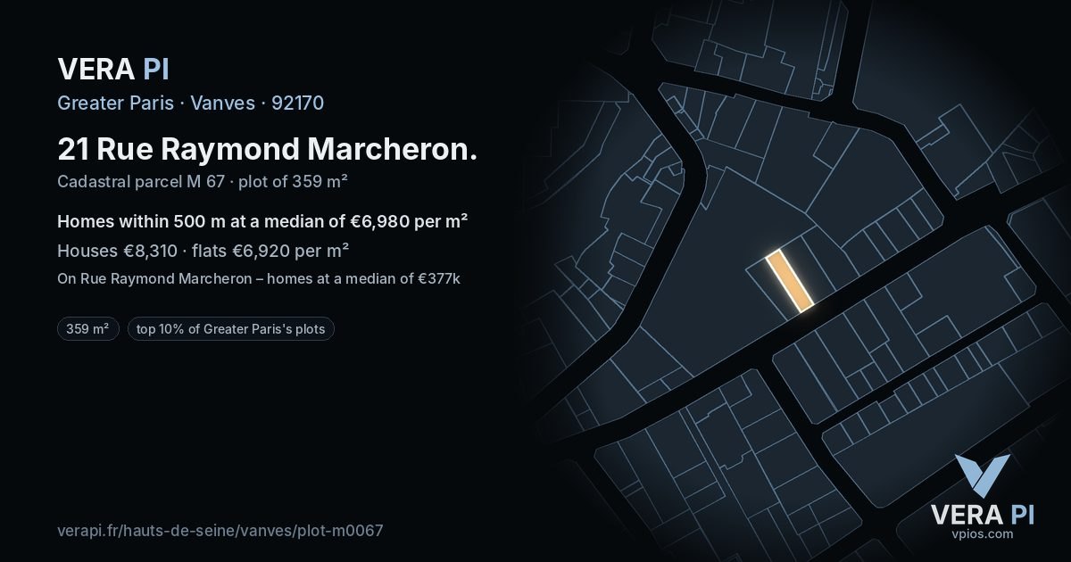 21 Rue Raymond Marcheron, Vanves at night – the plot lit, the parcels around coloured by the prices near them