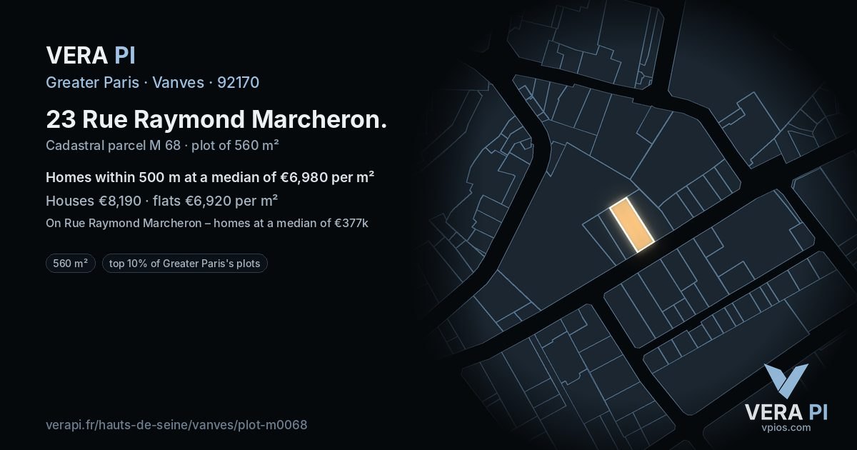 23 Rue Raymond Marcheron, Vanves at night – the plot lit, the parcels around coloured by the prices near them