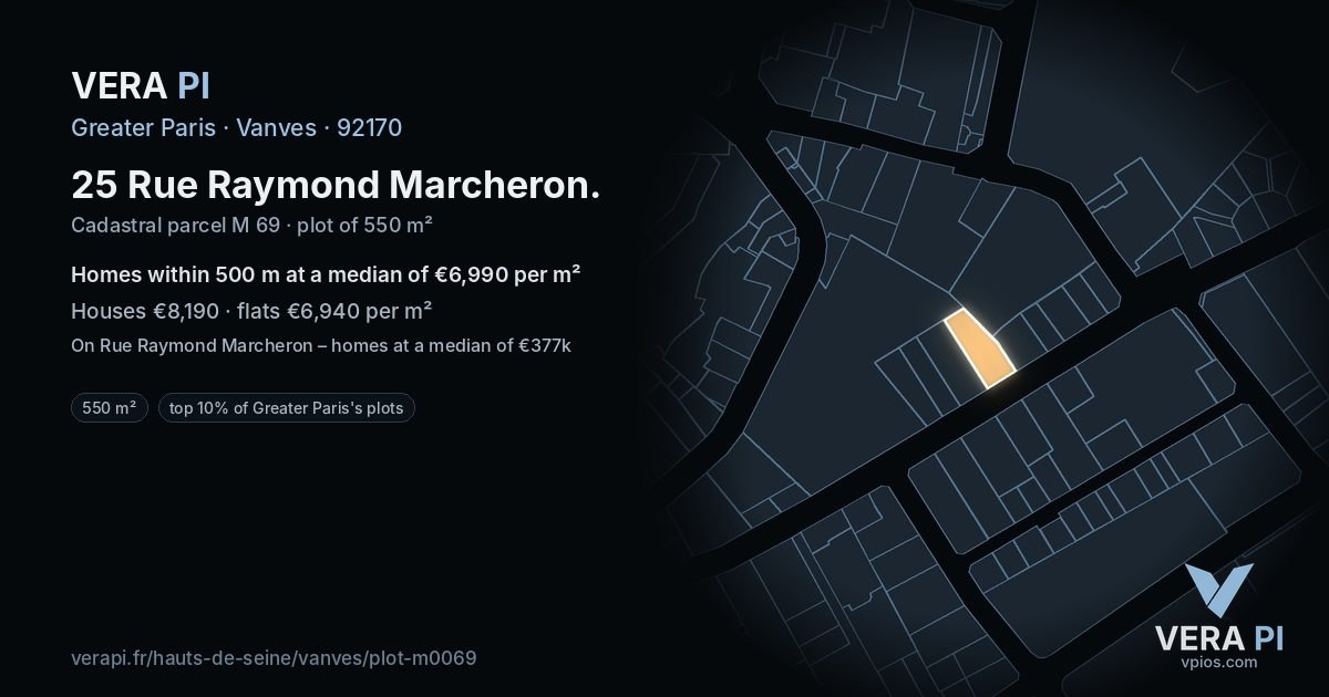 25 Rue Raymond Marcheron, Vanves at night – the plot lit, the parcels around coloured by the prices near them