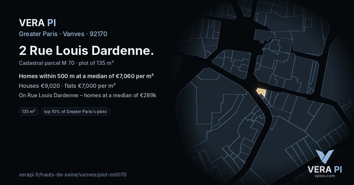 2 Rue Louis Dardenne, Vanves at night – the plot lit, the parcels around coloured by the prices near them