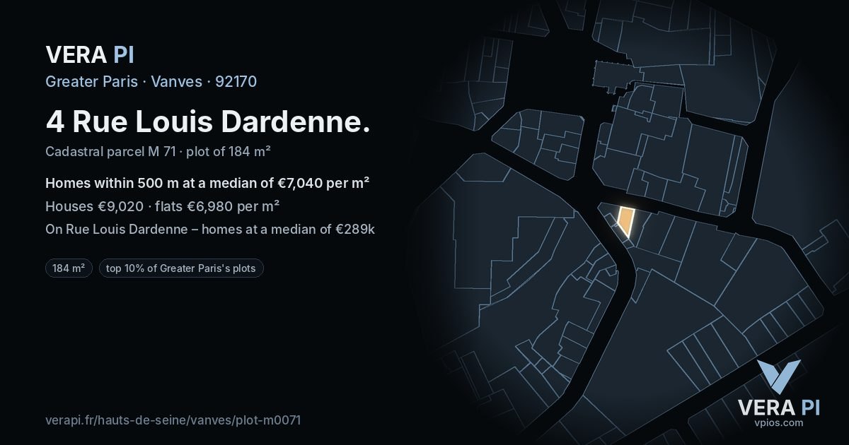 4 Rue Louis Dardenne, Vanves at night – the plot lit, the parcels around coloured by the prices near them