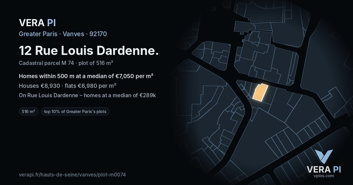 12 Rue Louis Dardenne, Vanves at night – the plot lit, the parcels around coloured by the prices near them