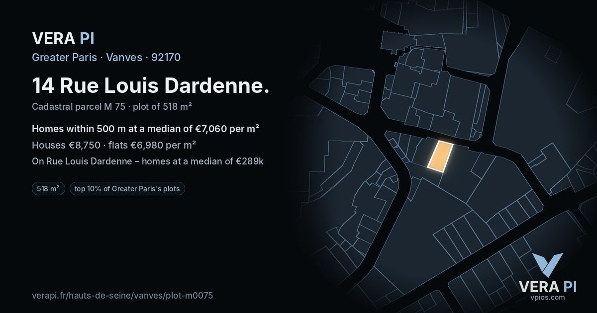 14 Rue Louis Dardenne, Vanves at night – the plot lit, the parcels around coloured by the prices near them