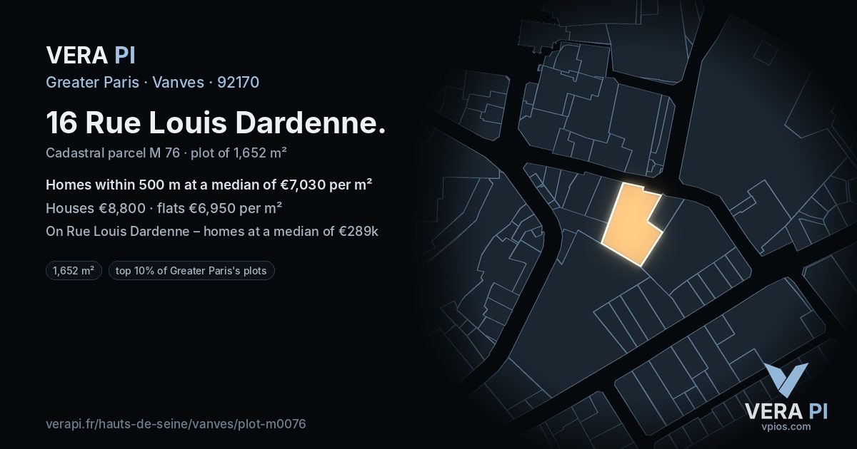 16 Rue Louis Dardenne, Vanves at night – the plot lit, the parcels around coloured by the prices near them