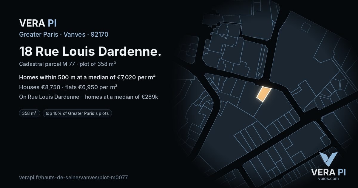 18 Rue Louis Dardenne, Vanves at night – the plot lit, the parcels around coloured by the prices near them