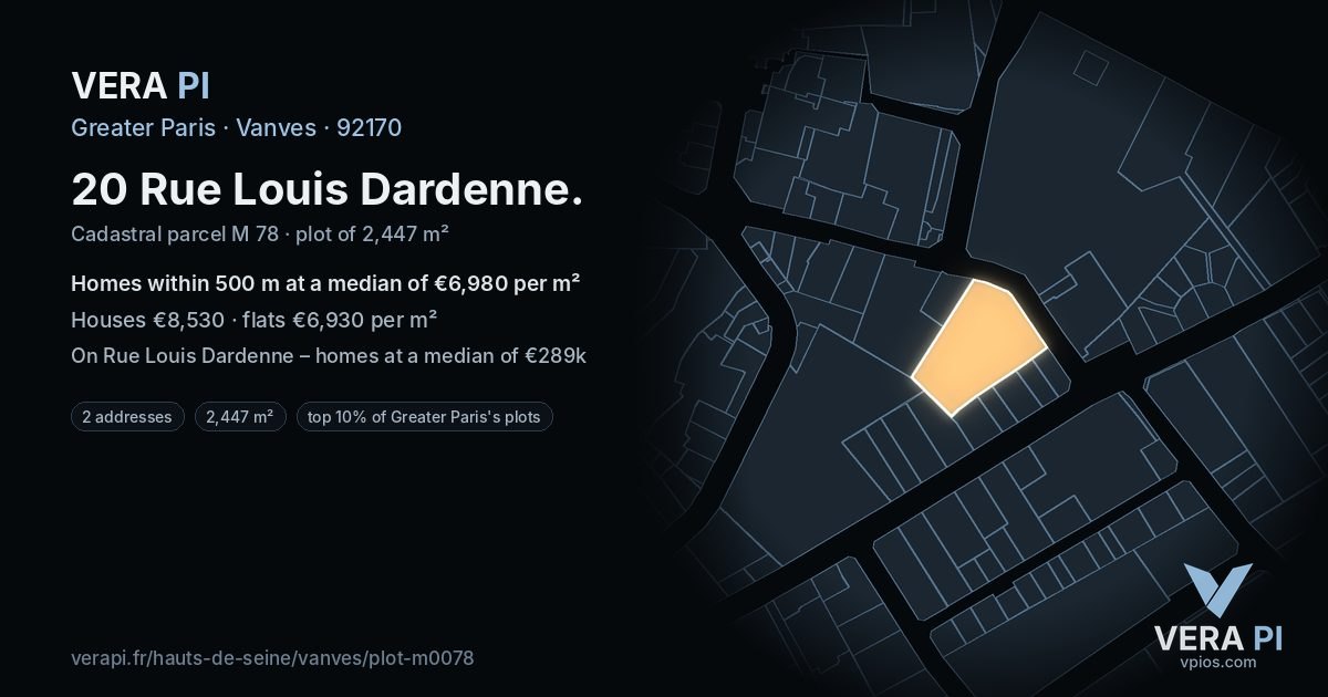 20 Rue Louis Dardenne, Vanves at night – the plot lit, the parcels around coloured by the prices near them