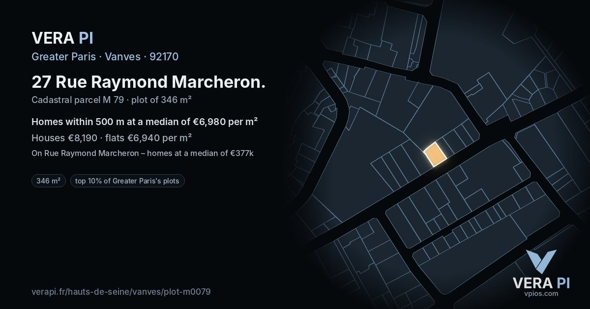 27 Rue Raymond Marcheron, Vanves at night – the plot lit, the parcels around coloured by the prices near them