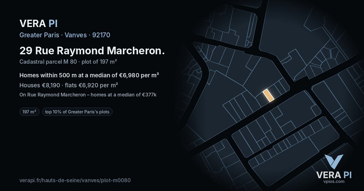 29 Rue Raymond Marcheron, Vanves at night – the plot lit, the parcels around coloured by the prices near them