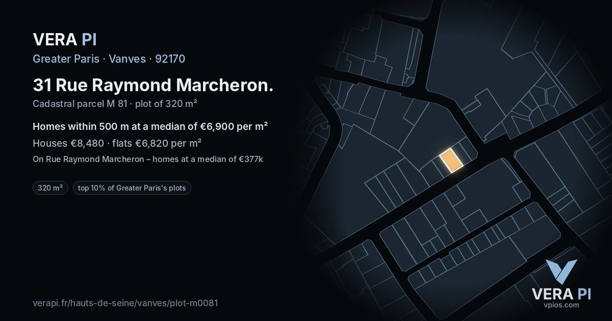 31 Rue Raymond Marcheron, Vanves at night – the plot lit, the parcels around coloured by the prices near them