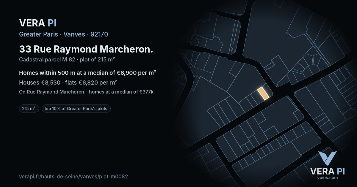 33 Rue Raymond Marcheron, Vanves at night – the plot lit, the parcels around coloured by the prices near them