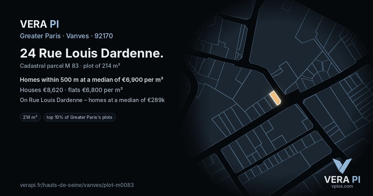 24 Rue Louis Dardenne, Vanves at night – the plot lit, the parcels around coloured by the prices near them