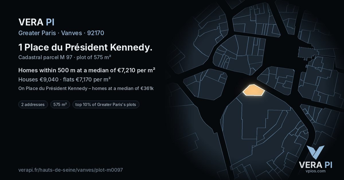 1 Place du Président Kennedy, Vanves at night – the plot lit, the parcels around coloured by the prices near them