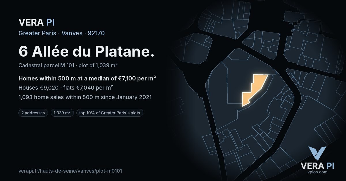 6 Allée du Platane, Vanves at night – the plot lit, the parcels around coloured by the prices near them