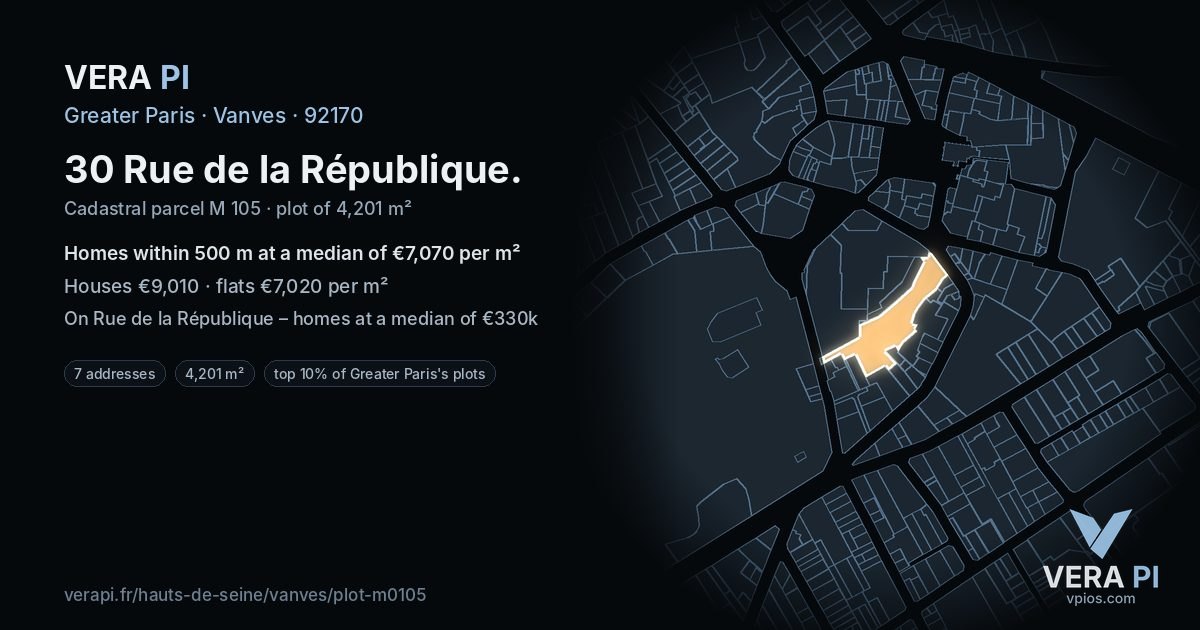 30 Rue de la République, Vanves at night – the plot lit, the parcels around coloured by the prices near them
