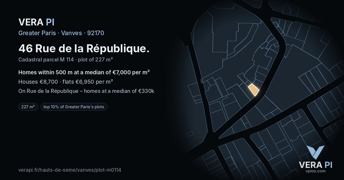 46 Rue de la République, Vanves at night – the plot lit, the parcels around coloured by the prices near them