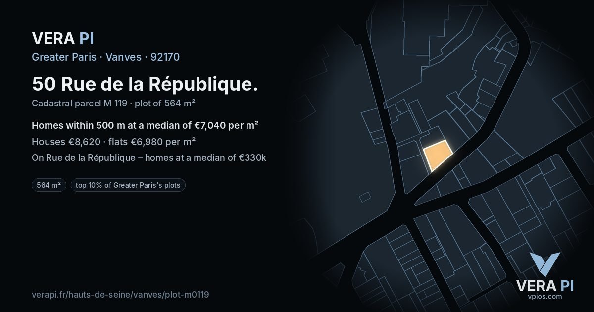 50 Rue de la République, Vanves at night – the plot lit, the parcels around coloured by the prices near them