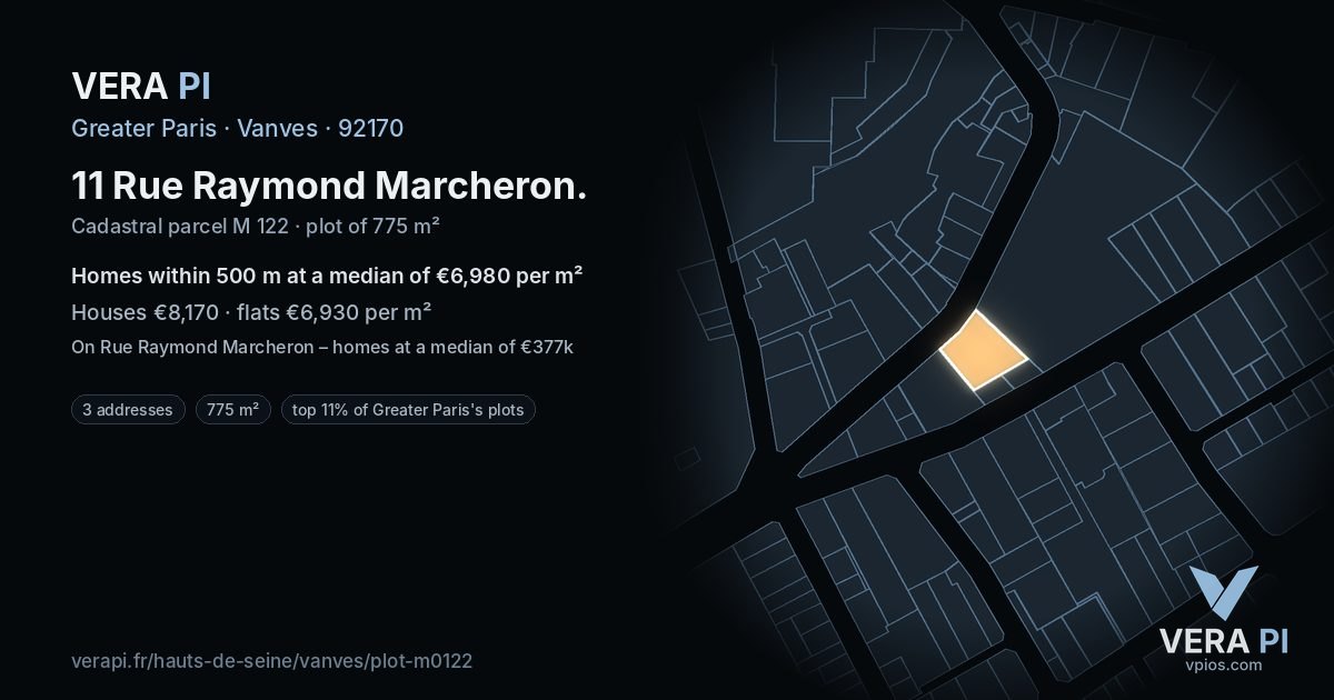 11 Rue Raymond Marcheron, Vanves at night – the plot lit, the parcels around coloured by the prices near them