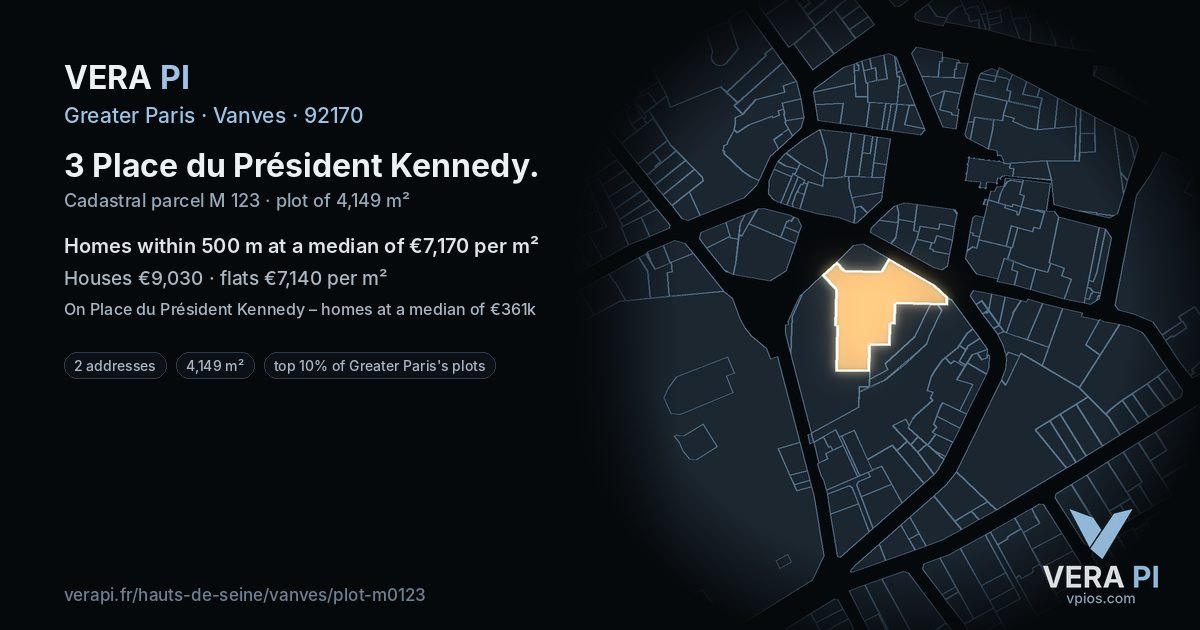 3 Place du Président Kennedy, Vanves at night – the plot lit, the parcels around coloured by the prices near them
