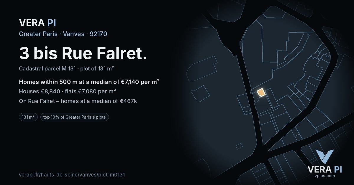 3 bis Rue Falret, Vanves at night – the plot lit, the parcels around coloured by the prices near them
