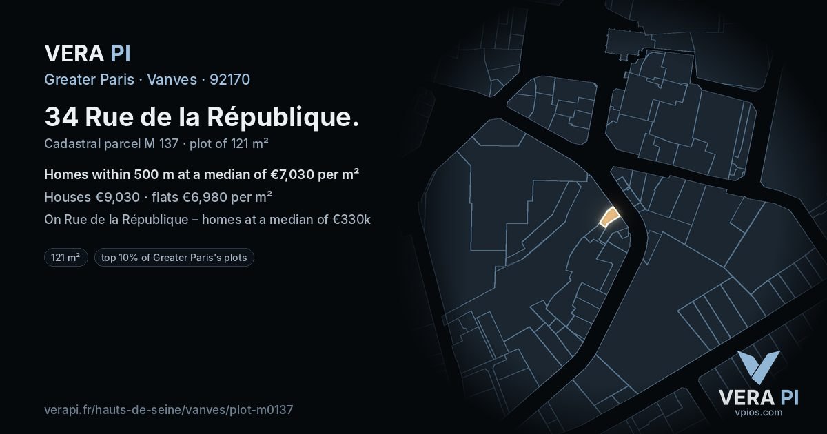 34 Rue de la République, Vanves at night – the plot lit, the parcels around coloured by the prices near them