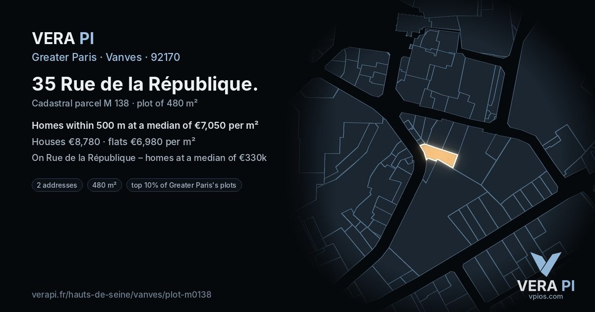 35 Rue de la République, Vanves at night – the plot lit, the parcels around coloured by the prices near them