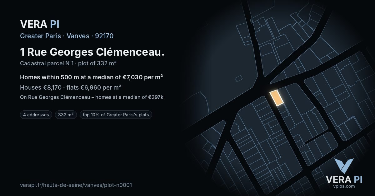 1 Rue Georges Clémenceau, Vanves at night – the plot lit, the parcels around coloured by the prices near them