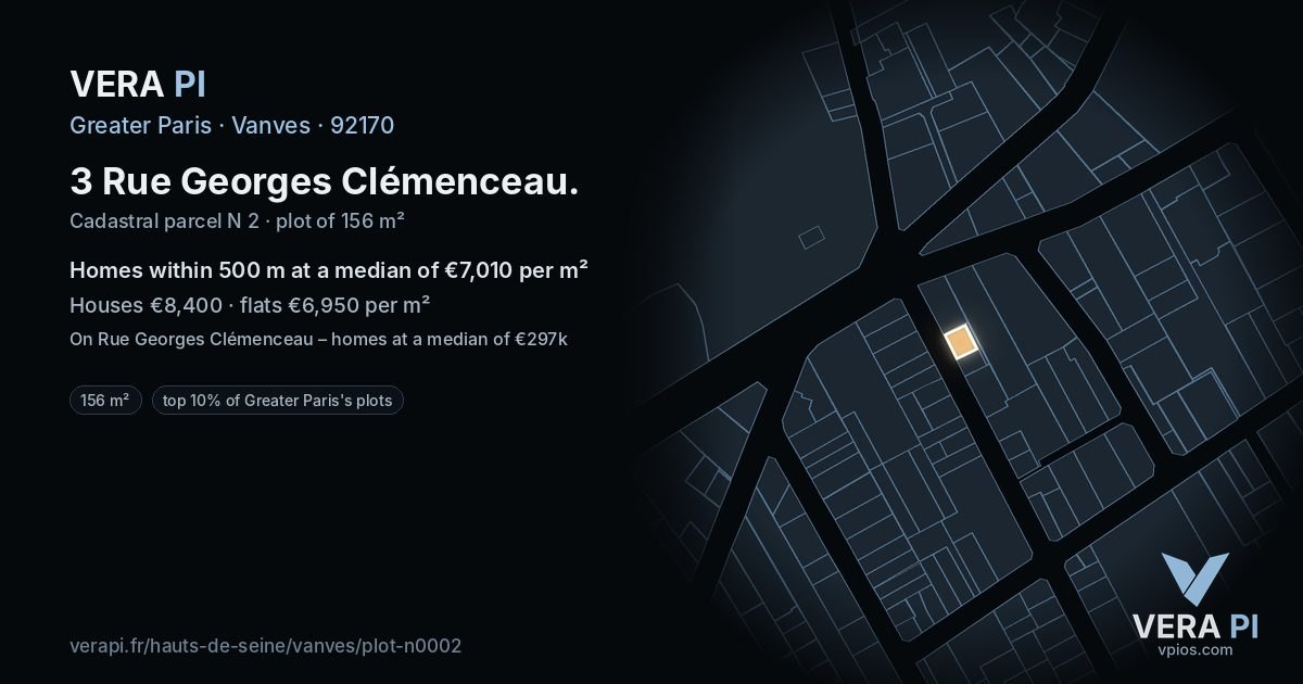 3 Rue Georges Clémenceau, Vanves at night – the plot lit, the parcels around coloured by the prices near them