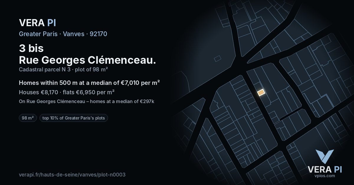 3 bis Rue Georges Clémenceau, Vanves at night – the plot lit, the parcels around coloured by the prices near them