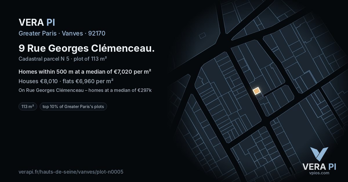 9 Rue Georges Clémenceau, Vanves at night – the plot lit, the parcels around coloured by the prices near them