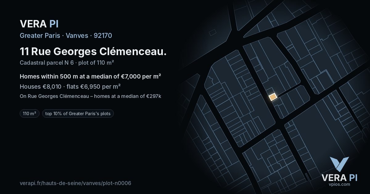11 Rue Georges Clémenceau, Vanves at night – the plot lit, the parcels around coloured by the prices near them
