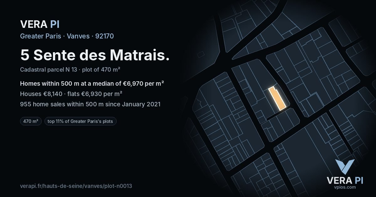 5 Sente des Matrais, Vanves at night – the plot lit, the parcels around coloured by the prices near them