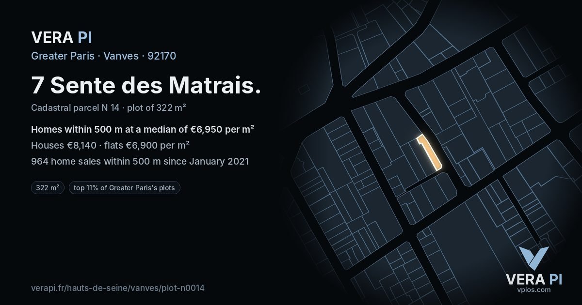 7 Sente des Matrais, Vanves at night – the plot lit, the parcels around coloured by the prices near them
