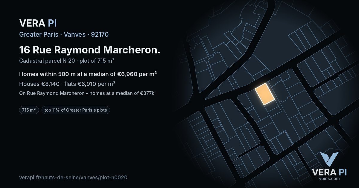16 Rue Raymond Marcheron, Vanves at night – the plot lit, the parcels around coloured by the prices near them