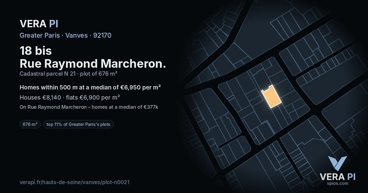 18 bis Rue Raymond Marcheron, Vanves at night – the plot lit, the parcels around coloured by the prices near them
