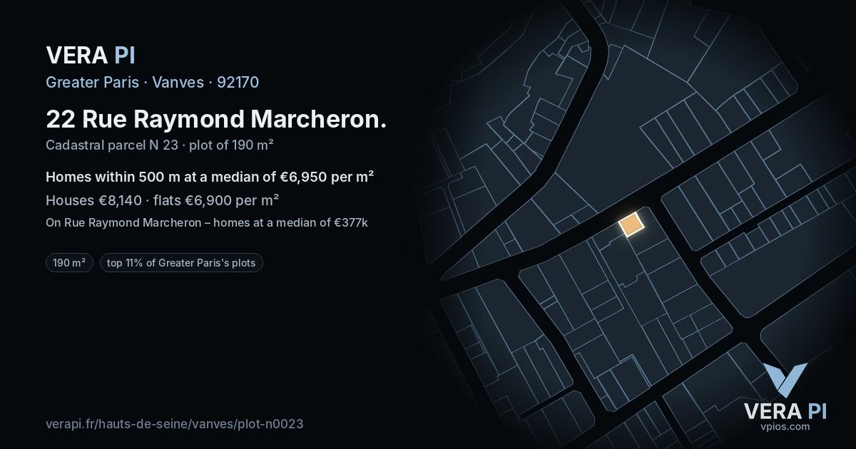 22 Rue Raymond Marcheron, Vanves at night – the plot lit, the parcels around coloured by the prices near them