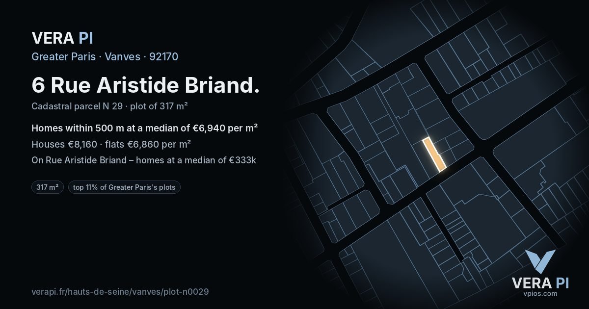 6 Rue Aristide Briand, Vanves at night – the plot lit, the parcels around coloured by the prices near them