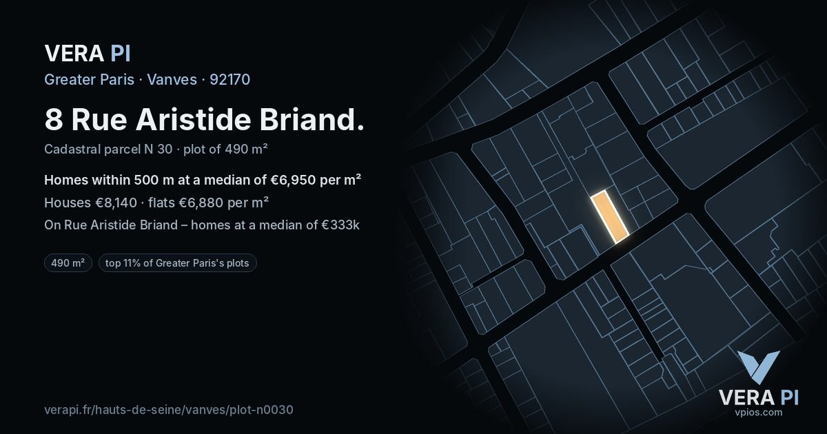 8 Rue Aristide Briand, Vanves at night – the plot lit, the parcels around coloured by the prices near them