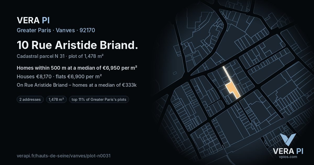 10 Rue Aristide Briand, Vanves at night – the plot lit, the parcels around coloured by the prices near them