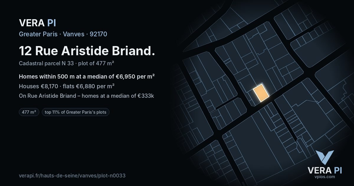 12 Rue Aristide Briand, Vanves at night – the plot lit, the parcels around coloured by the prices near them